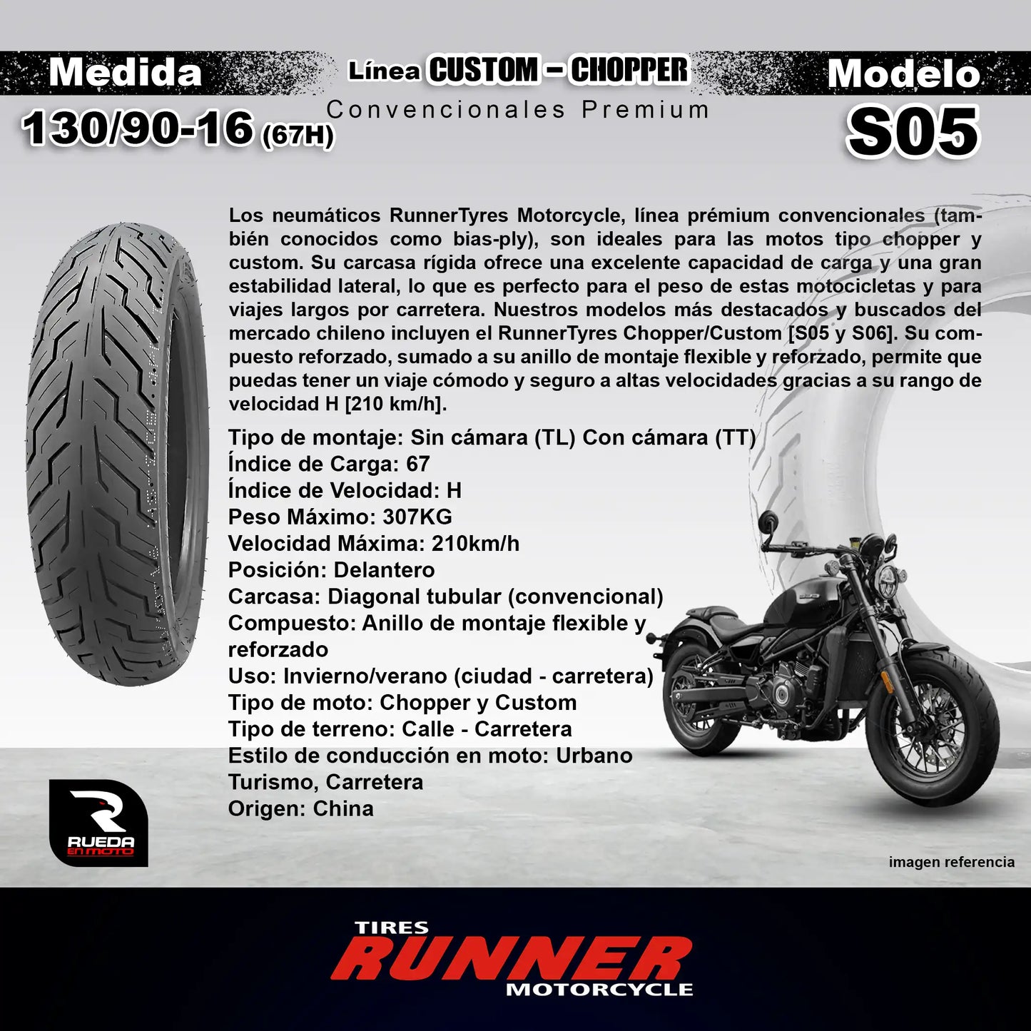 130/90-16 - RunnerTyres Motorcycle - Custom/Chopper - Neumático Moto