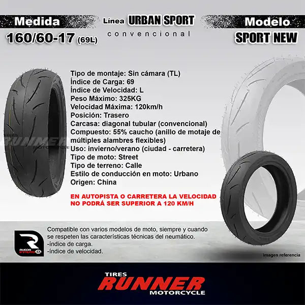 160/60-17 - Tires Runner Sport New - Neumático Moto
