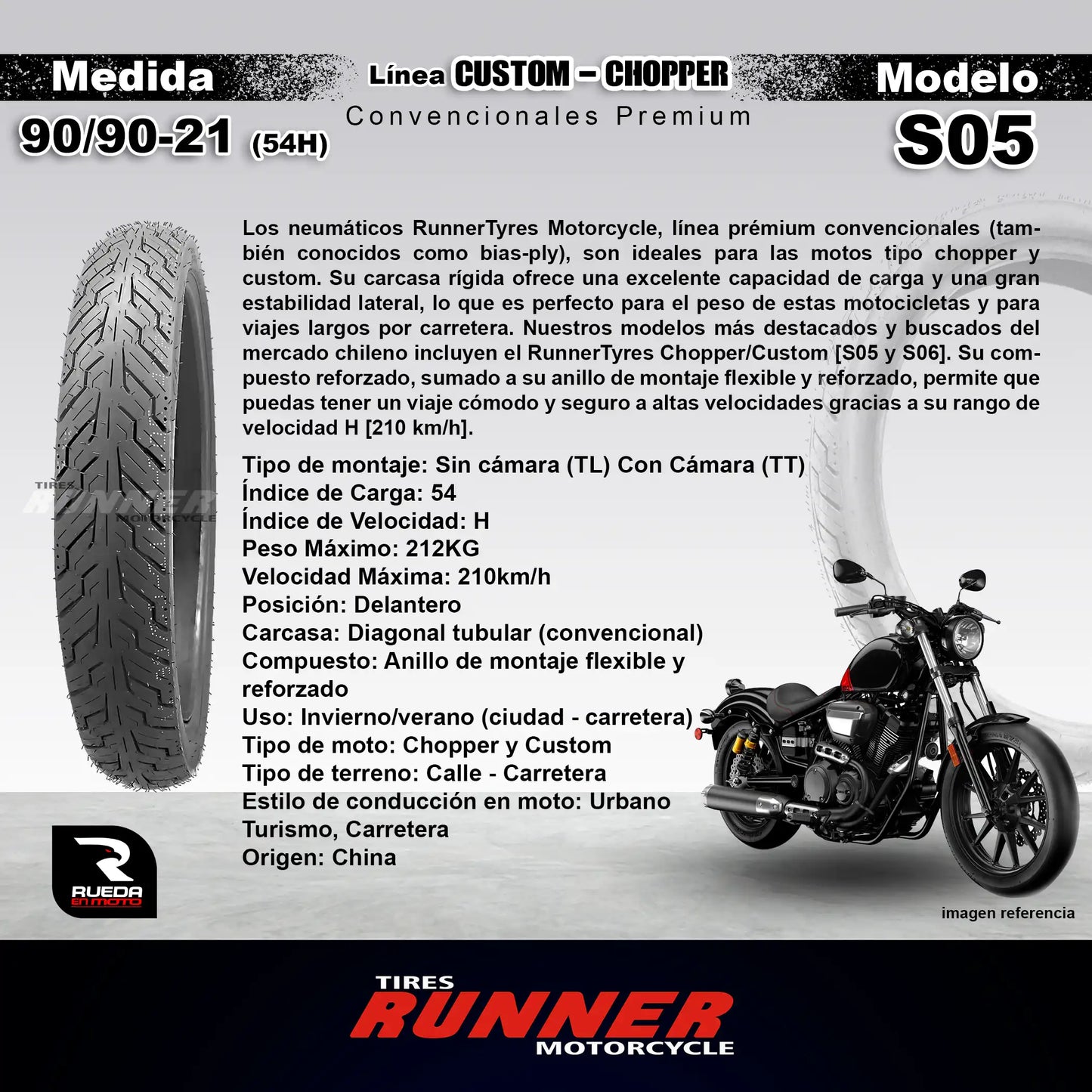 90/90-21 - RunnerTyres Motorcycle - Custom/Chopper - Neumático Moto