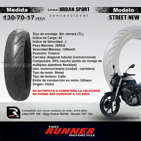 130/70-17 - Tires Runner Street New - Neumático Moto