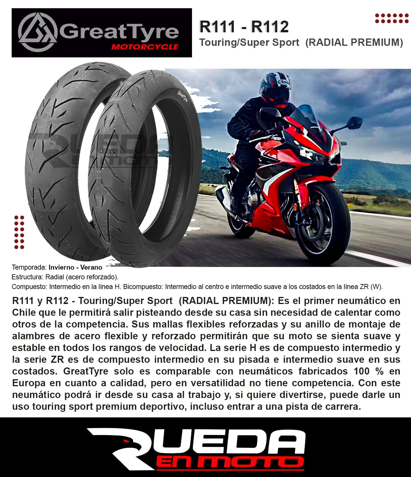 110/70r17 (zr/54w/tl) - Greattyre R111 - Neumático radial para Moto