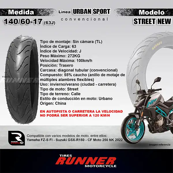 Pareja 110/70-17 + 140/60-17 - Runner Urban ST - Neumático Moto