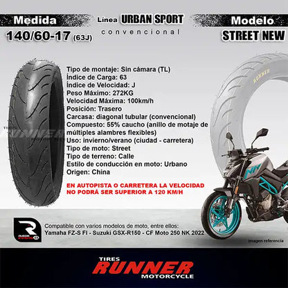 Pareja 110/70-17 + 140/60-17 - Runner Urban ST - Neumático Moto