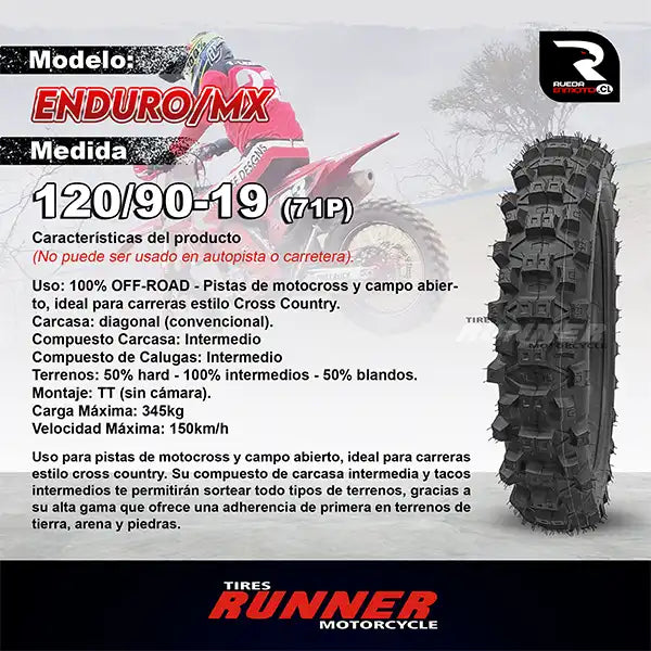 120/90-19 Tires Runner Enduro MX Neumático Moto