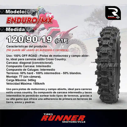 120/90-19 Tires Runner Enduro MX Neumático Moto