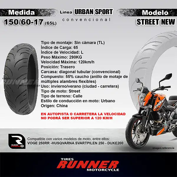 Pareja 110/70-17 + 150/60-17 - Runner Urban ST - Neumático Moto