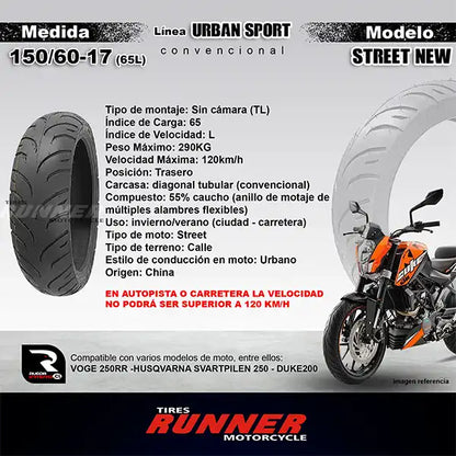 Pareja 110/70-17 + 150/60-17 - Runner Urban ST - Neumático Moto