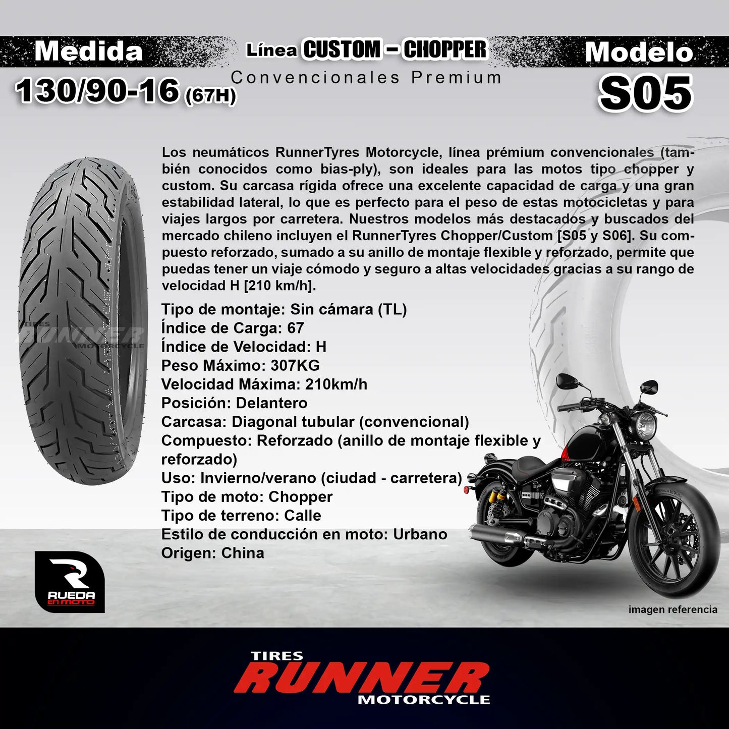 130/90-16 - RunnerTyres Motorcycle - Custom/Chopper - Neumático Moto