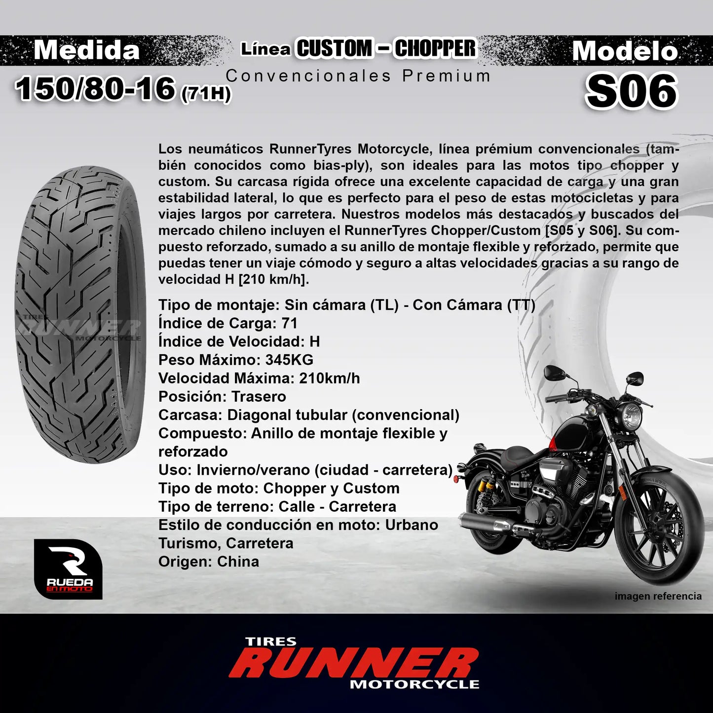 150/80-16 - RunnerTyres Motorcycle - Custom/Chopper - Neumático Moto