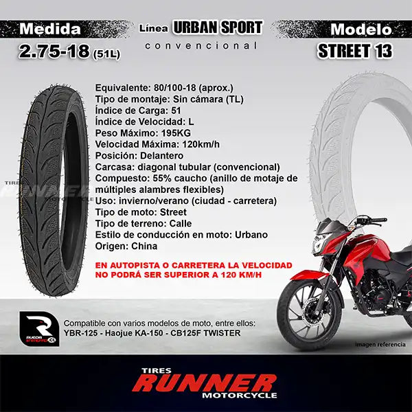 2.75-18 - Tires Runner Street 13 - Neumático Moto