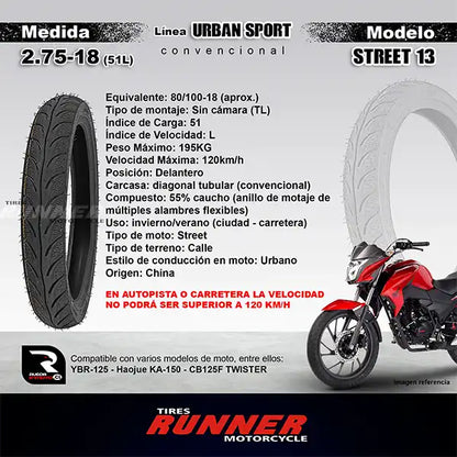 2.75-18 - Tires Runner Street 13 - Neumático Moto