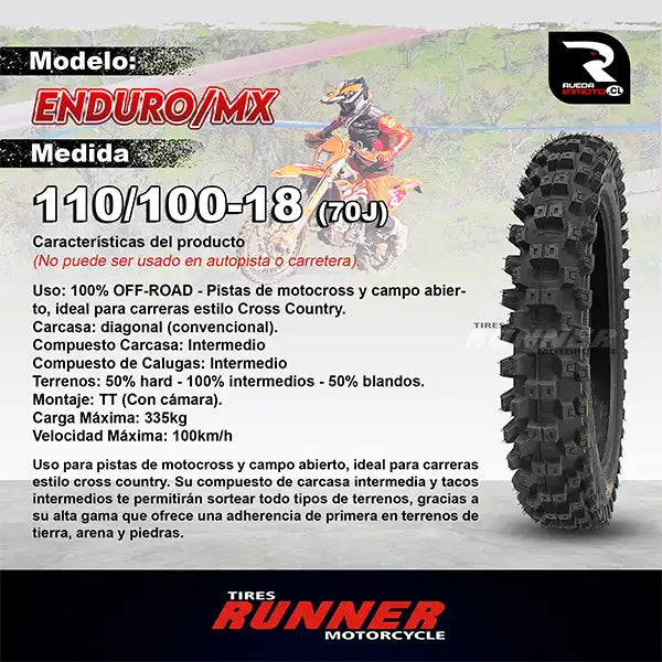 110/100-18 Tires Runner Enduro MX Neumático Moto
