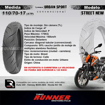 Pareja 110/70-17 + 140/70-17 - Runner Urban ST - Neumático Moto