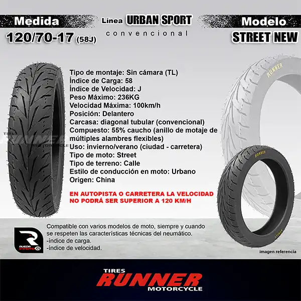 120/70-17 - Tires Runner Street New - Neumático Moto