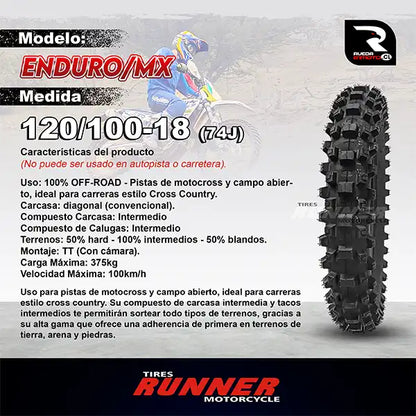 120/100-18 Tires Runner Enduro MX Neumático Moto