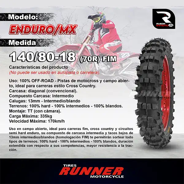 140/80-18 FIM Tires Runner Enduro MX Neumático Moto